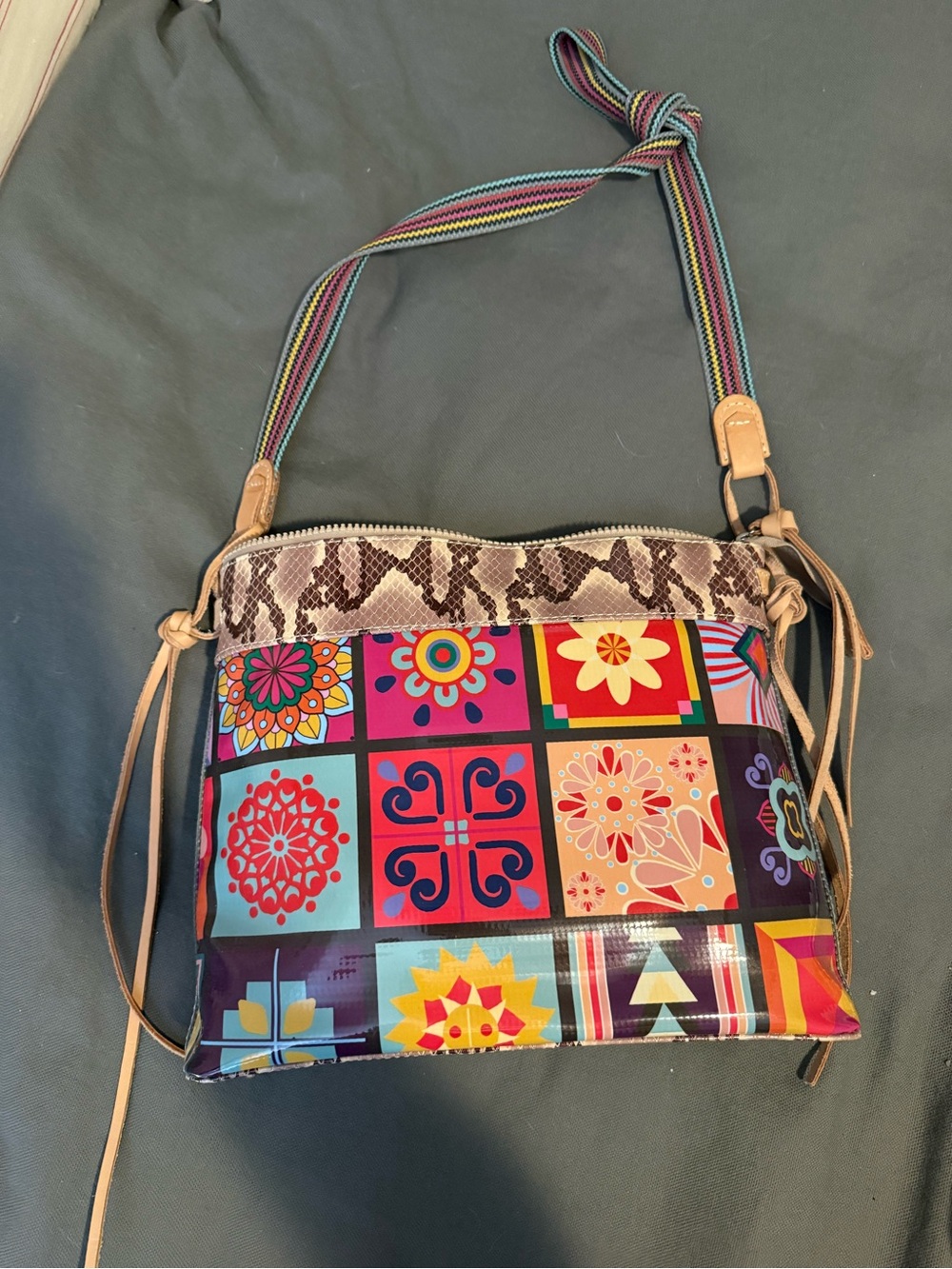 Consuela Patchwork Floral Heart Tote in Navy, Red, Yellow
